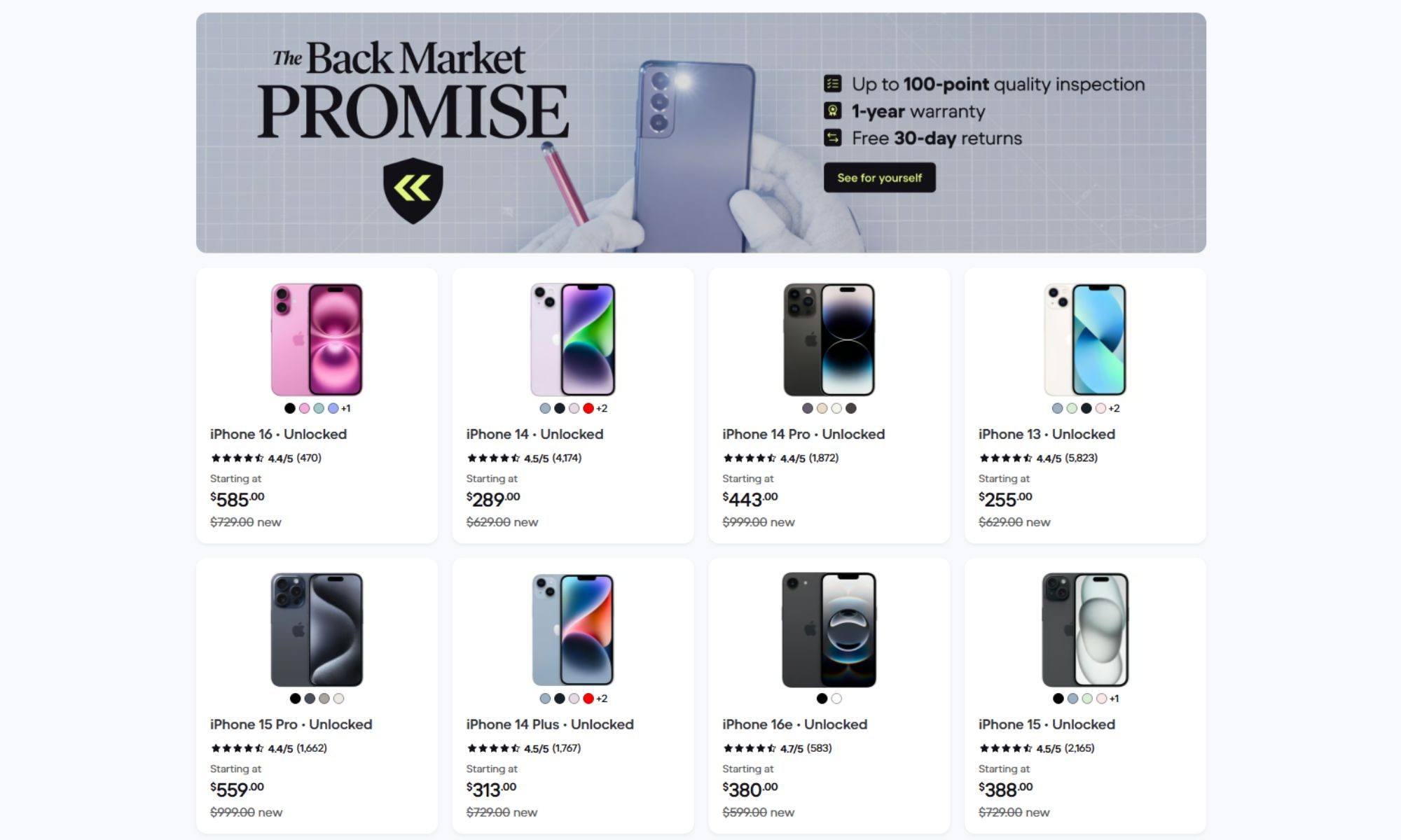 Capture d'écran des annonces iPhone d'occasion du site Back Market