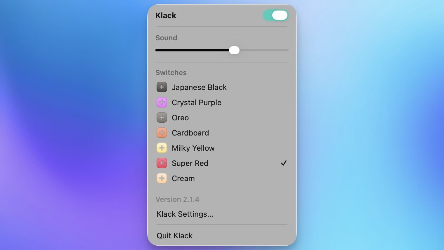 Application de barre de menu Klack