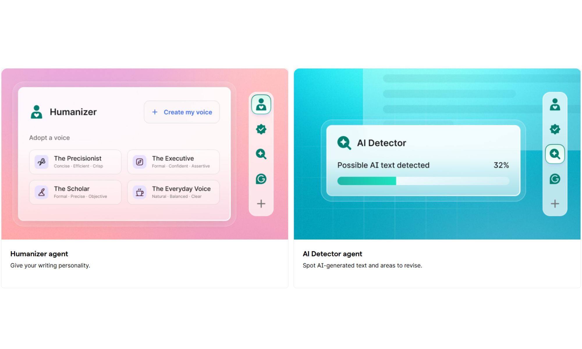 Publicité grammaticale de Humanizer et AI Detector côte à côte sur son site Web