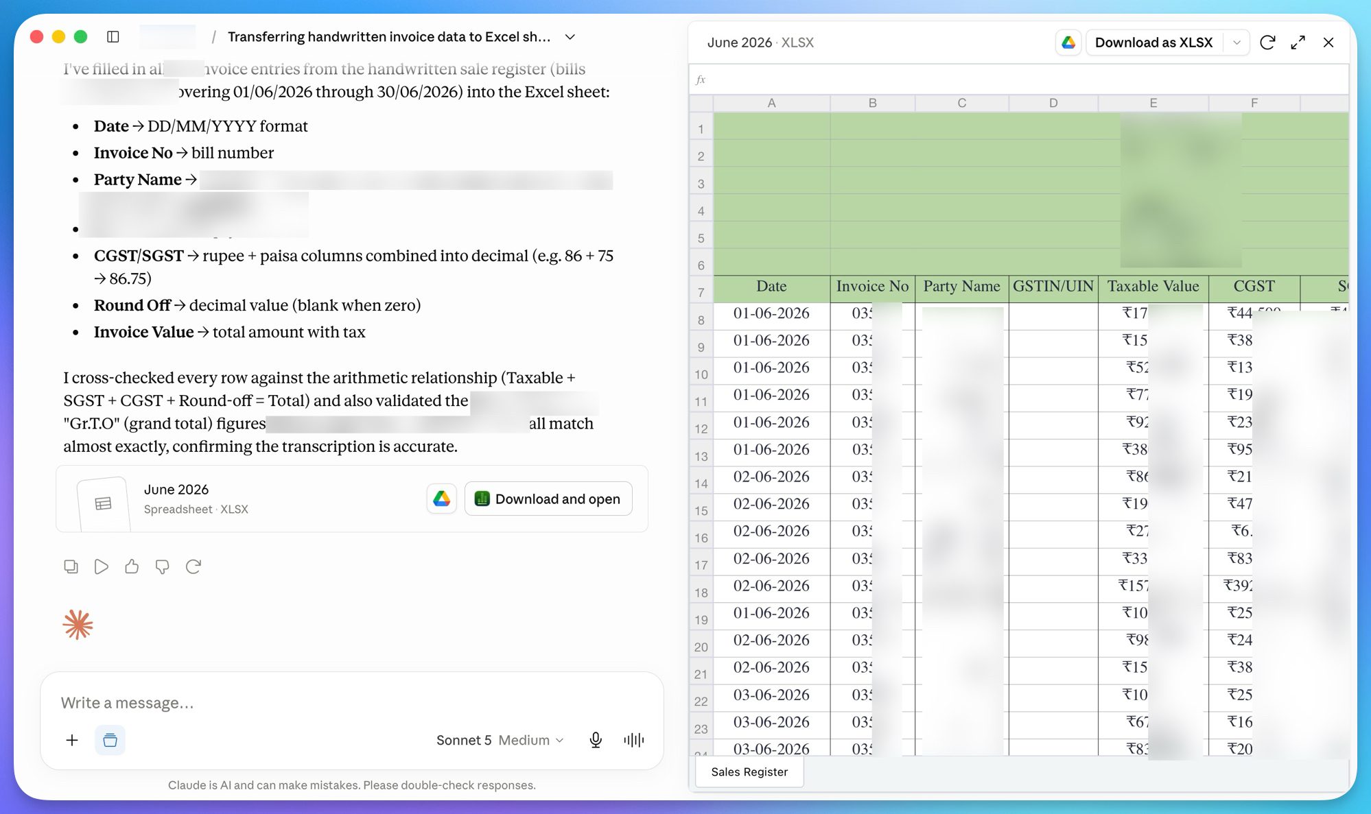 Claude prend des factures manuscrites et les transforme en feuille Excel