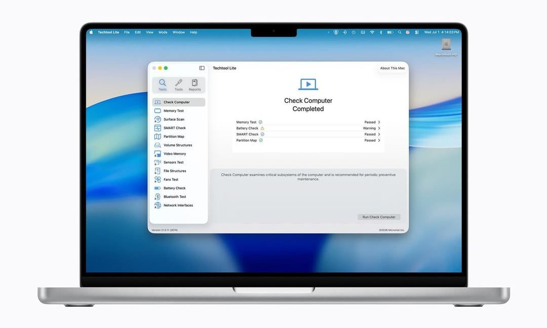 Techtool Lite fonctionnant sur un MacBook