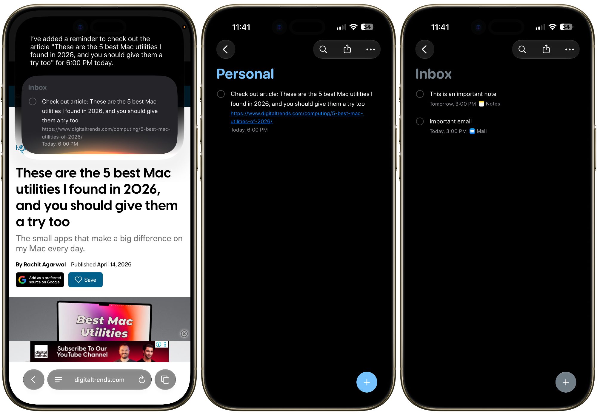 Intégration des rappels Apple avec le courrier et les notes