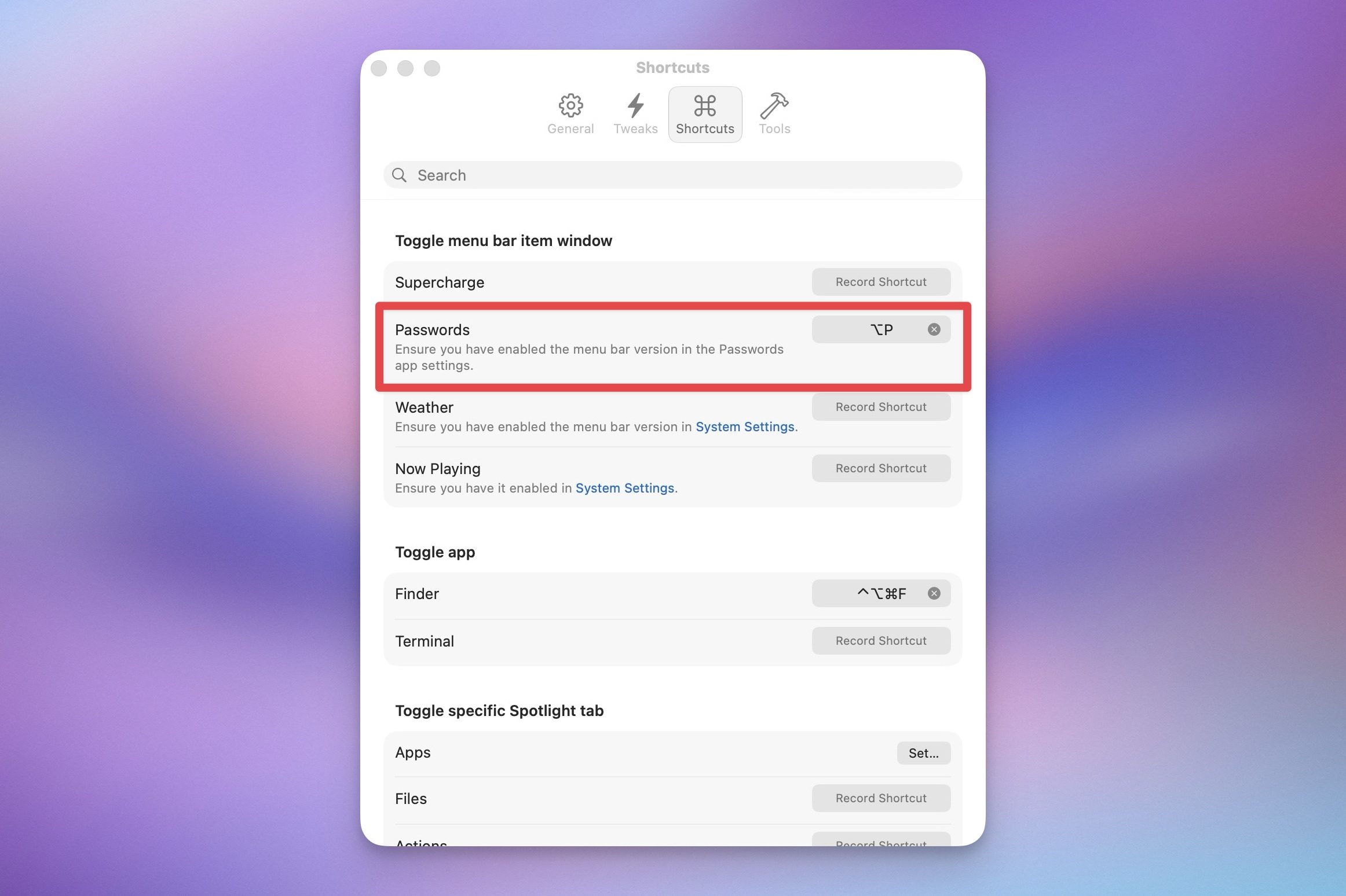 raccourcis clavier dans Supercharge