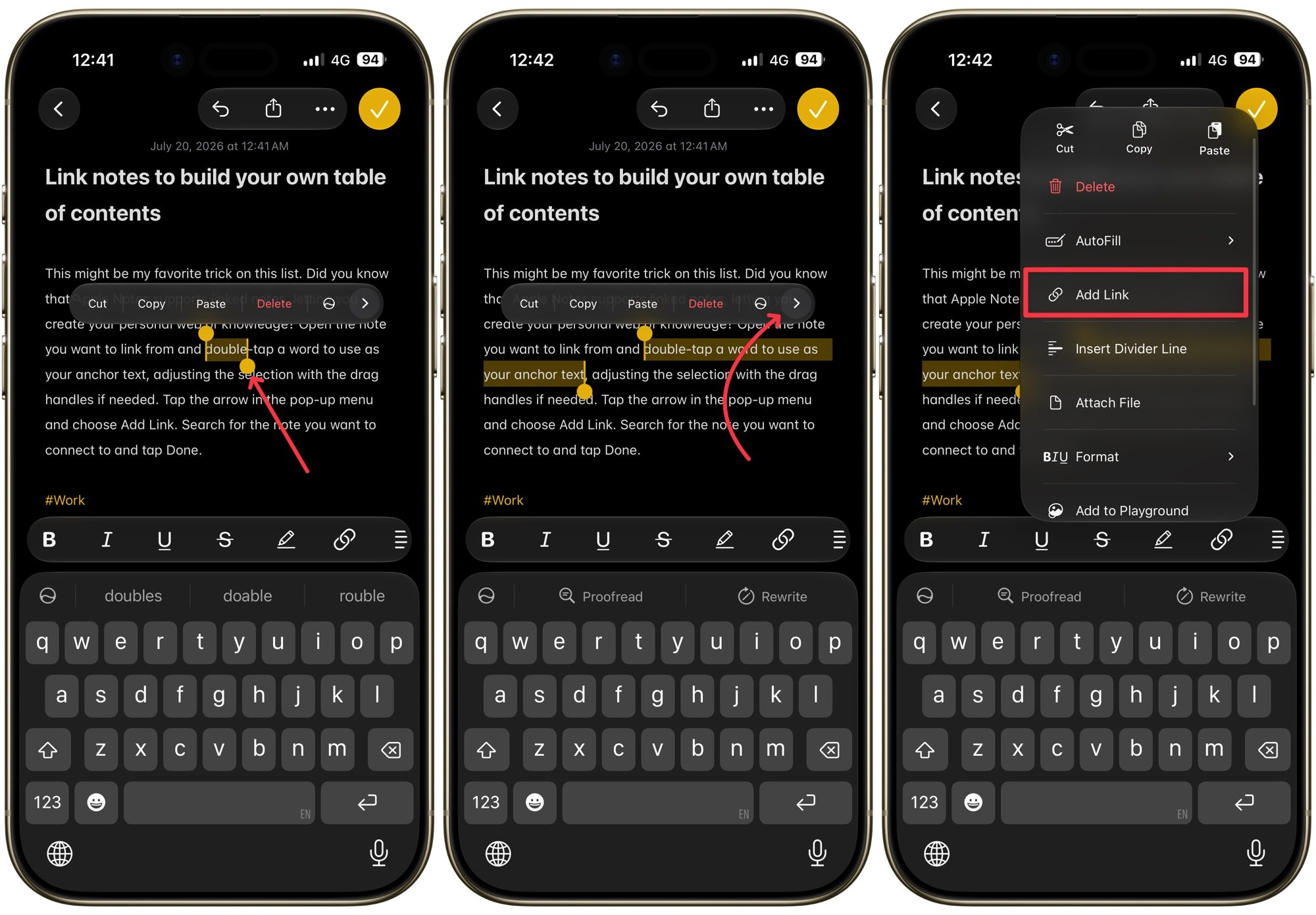 ouverture du menu d'ajout de lien dans Apple Notes