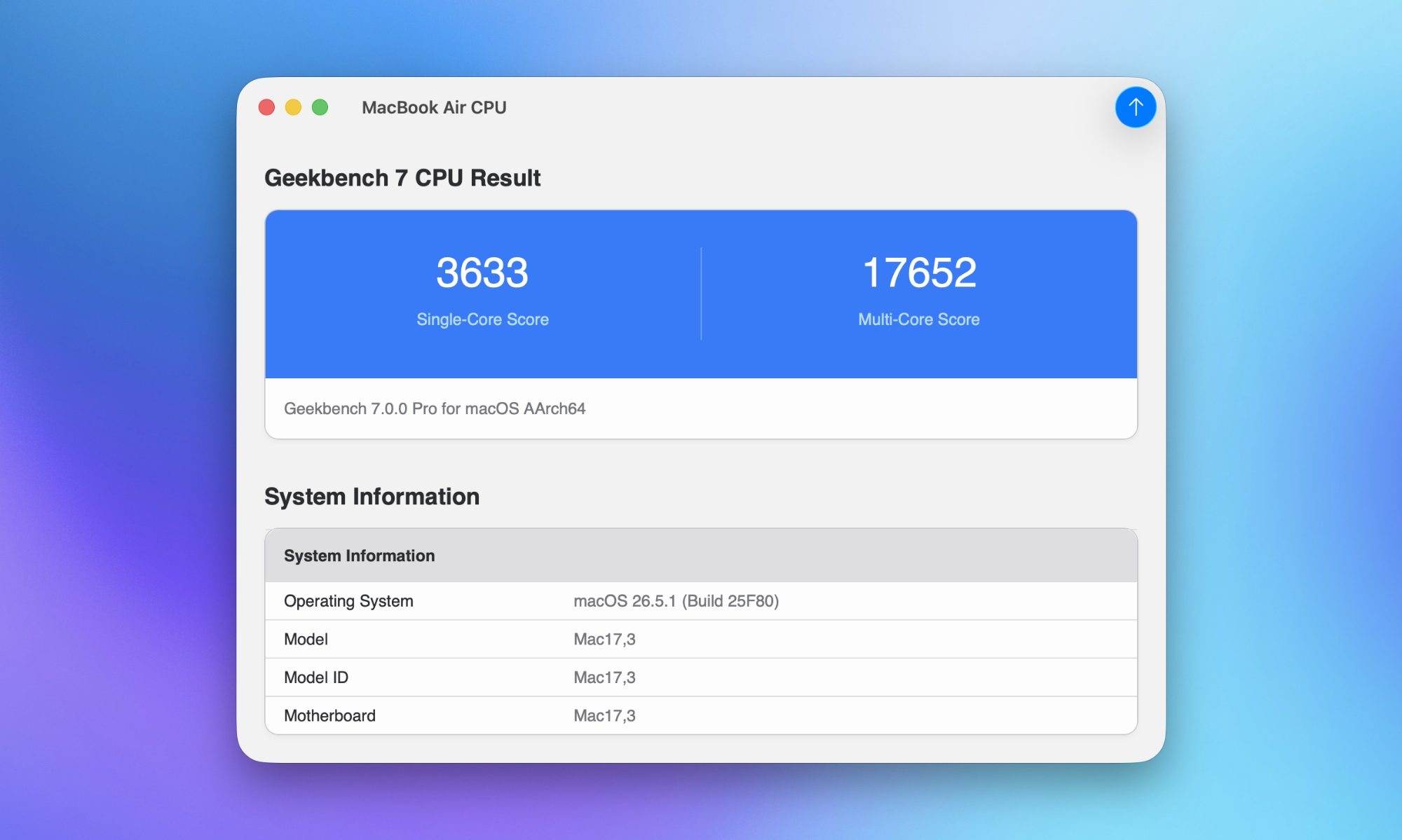 Résultats du MacBook Air de Geekbench