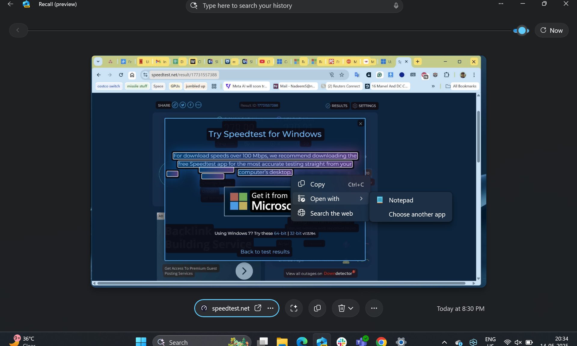 Commandes rapides sur Windows 11 Recall.