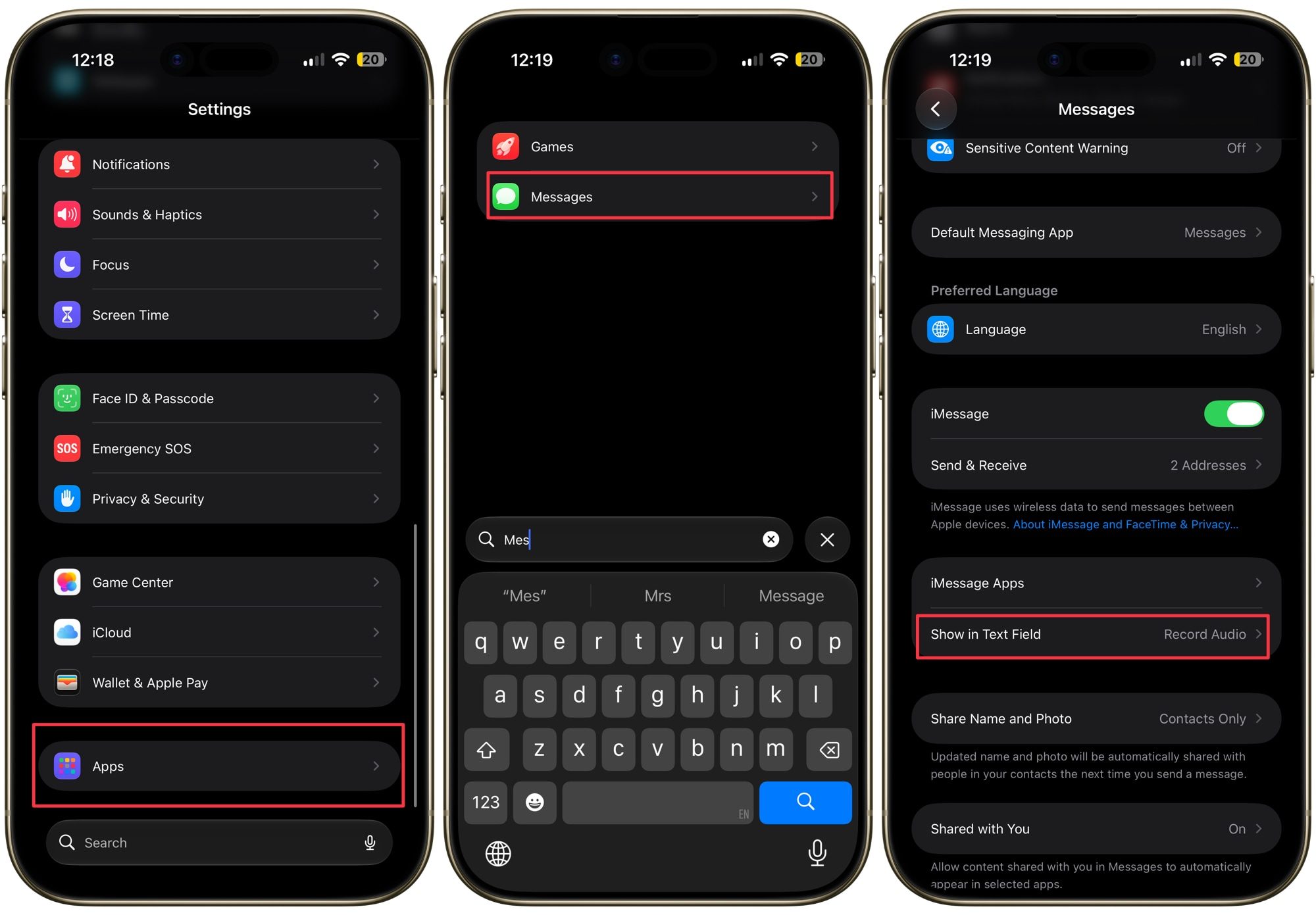 Ouverture des paramètres de messages sur iPhone