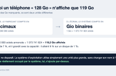 Schéma expliquant qu'un téléphone de 128 Go décimaux affiche 119,2 Gio binaires, soit 7 % d'écart