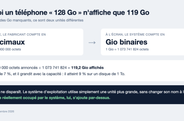 Schéma expliquant qu'un téléphone de 128 Go décimaux affiche 119,2 Gio binaires, soit 7 % d'écart