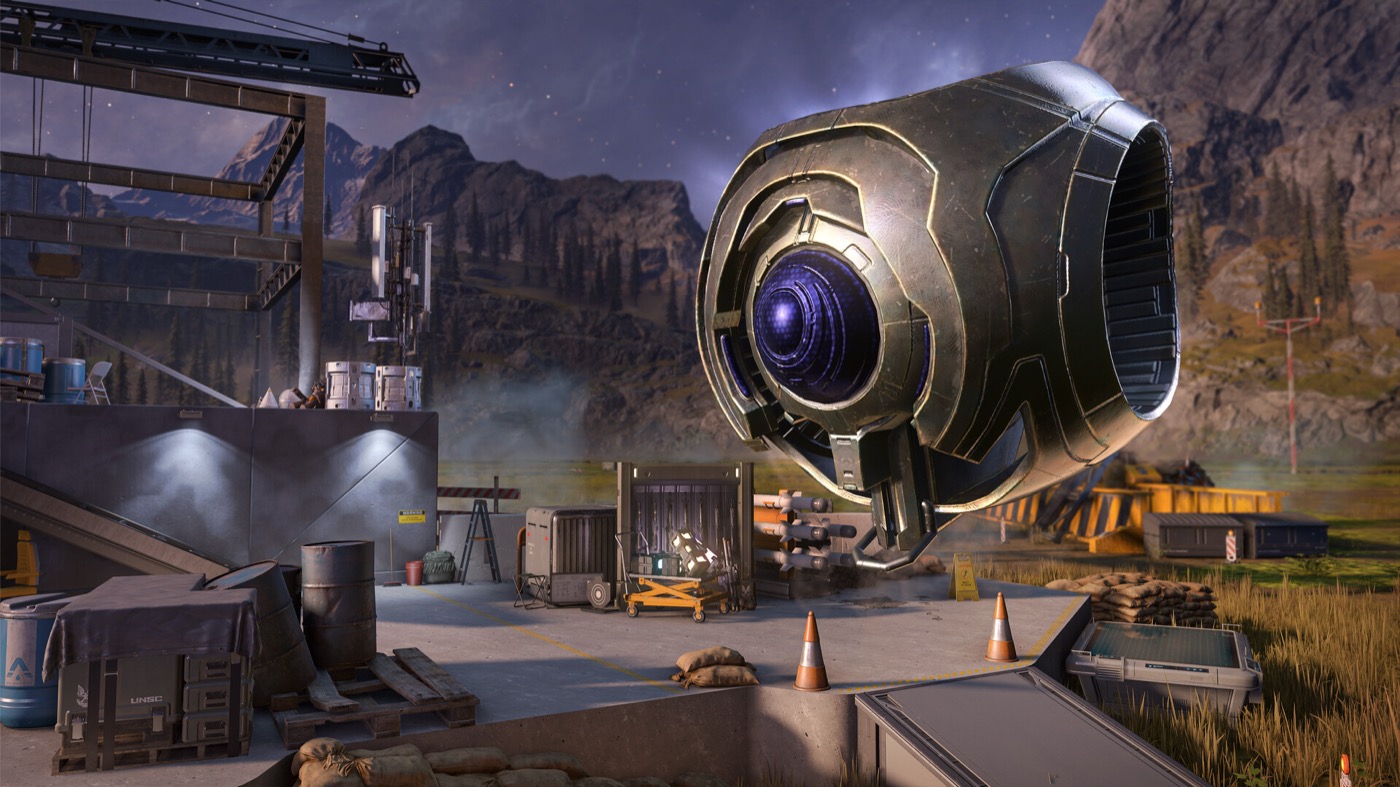 Halo Infinite : l'intelligence artificielle l'Arme devant une base de l'UNSC sur Zeta Halo