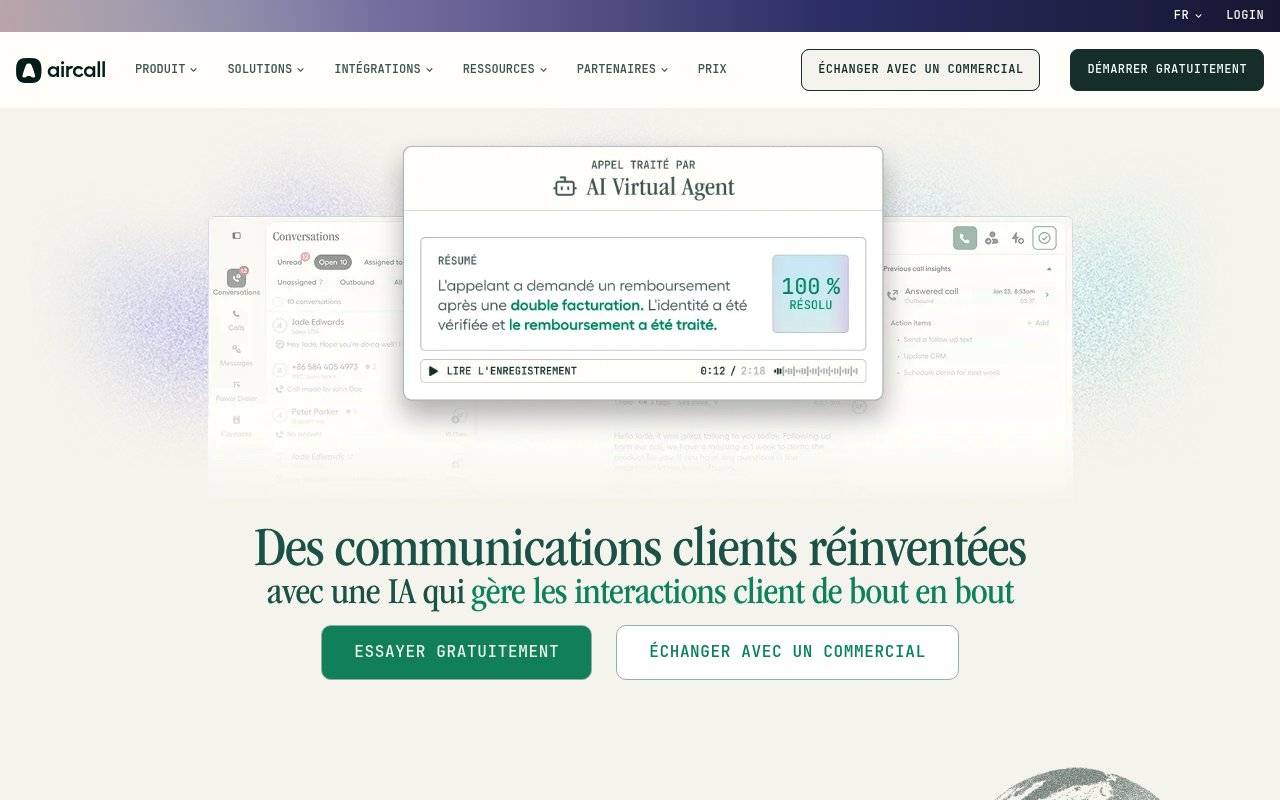 Page d'accueil d'Aircall, téléphonie cloud pour le service client