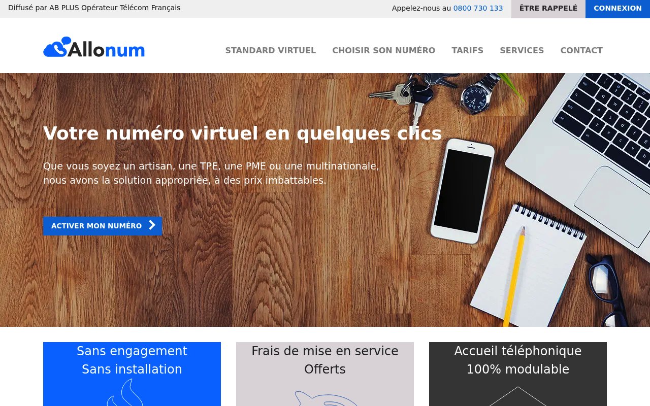Page d'accueil d'Allonum, numéro virtuel et standard pour entreprises