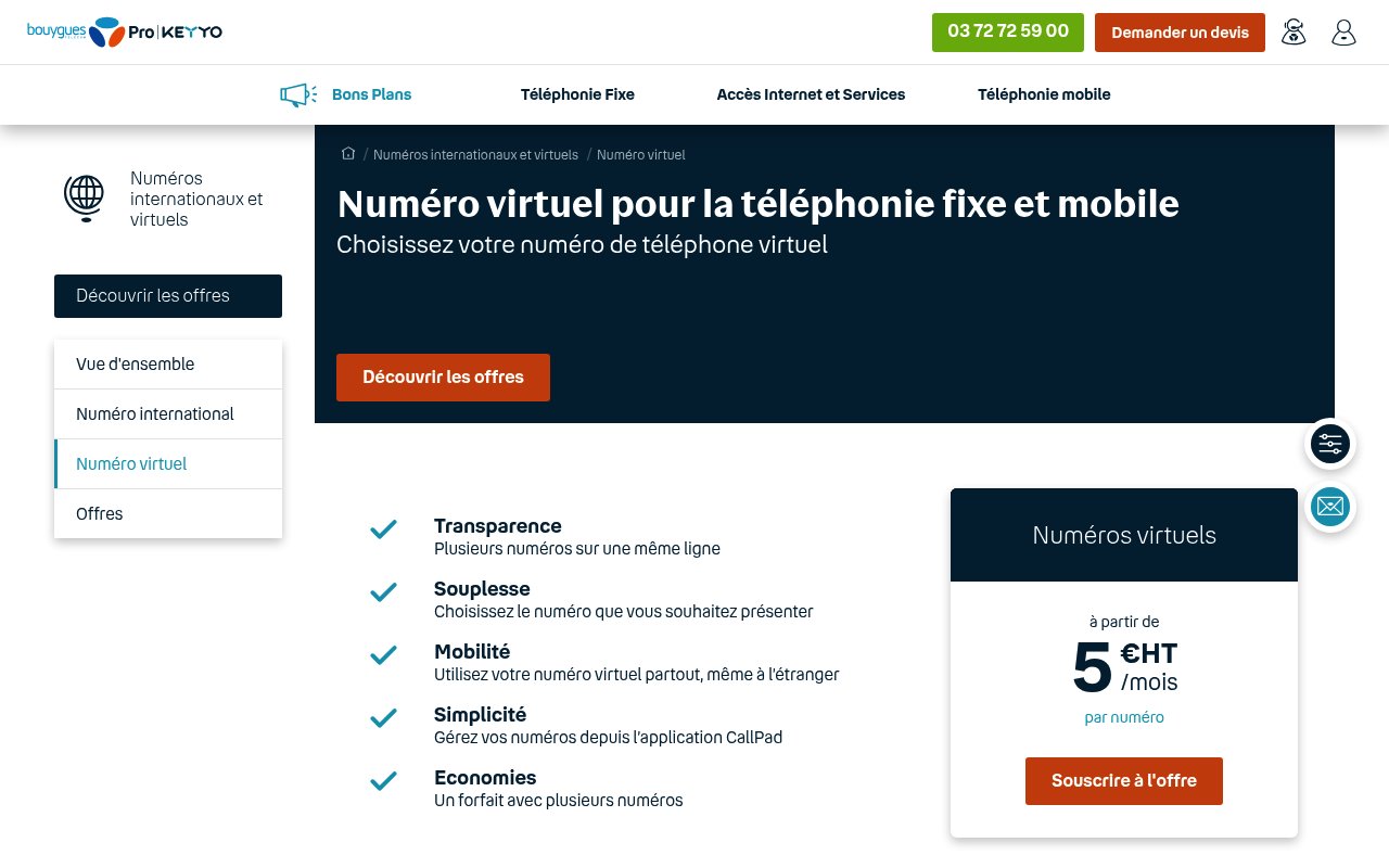 Page numéro virtuel de Bouygues Telecom Pro Keyyo, à partir de 5 euros HT par mois par numéro
