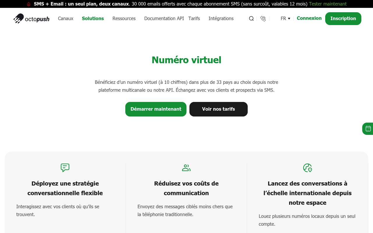 Page numéro virtuel d'Octopush pour l'envoi et la réception de SMS