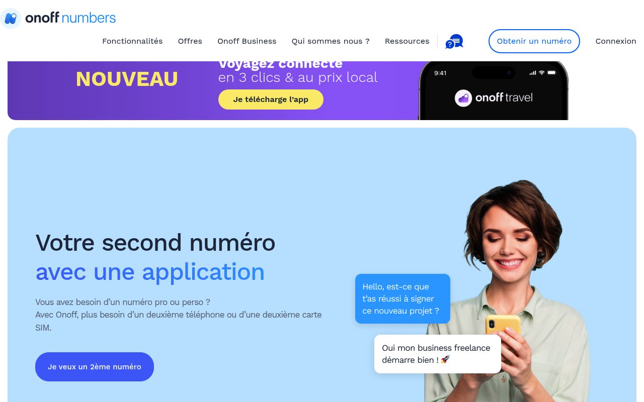 Page d'accueil de l'application Onoff, second numéro sur smartphone