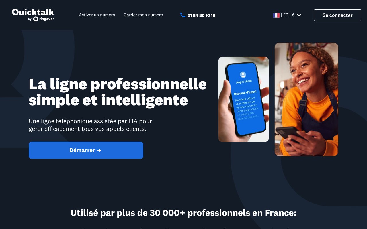 Page d'accueil de Quicktalk, ligne professionnelle virtuelle de Ringover