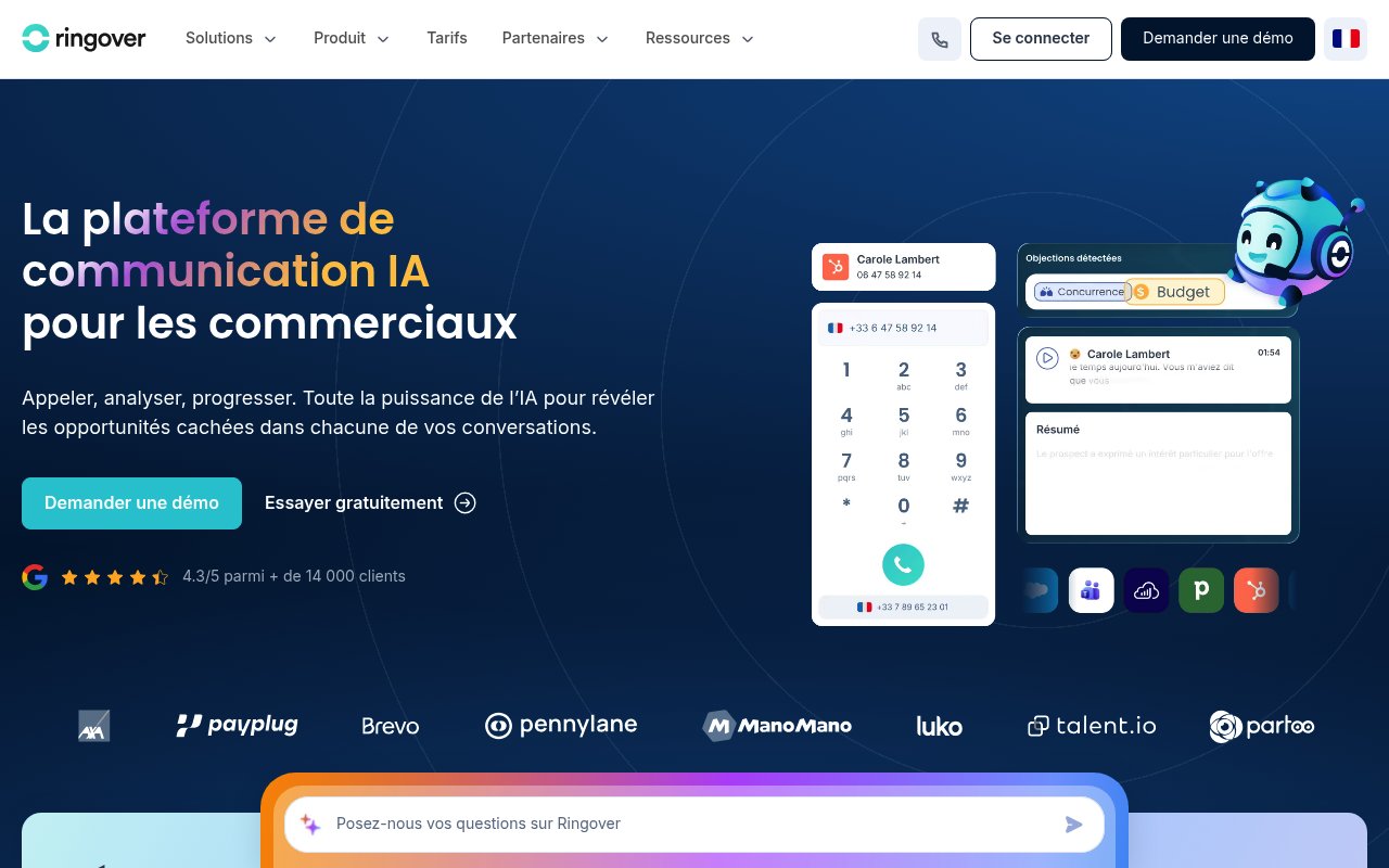Page d'accueil de Ringover, plateforme de téléphonie cloud pour les équipes commerciales