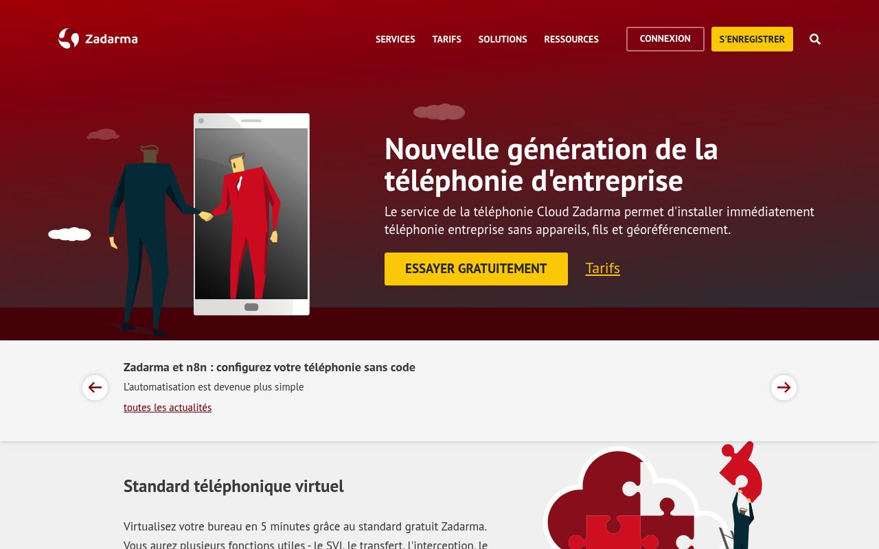 Page d'accueil de Zadarma, téléphonie cloud et numéros virtuels