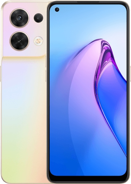 Oppo Reno 8 5G coloris Or Chatoyant, face avant et dos