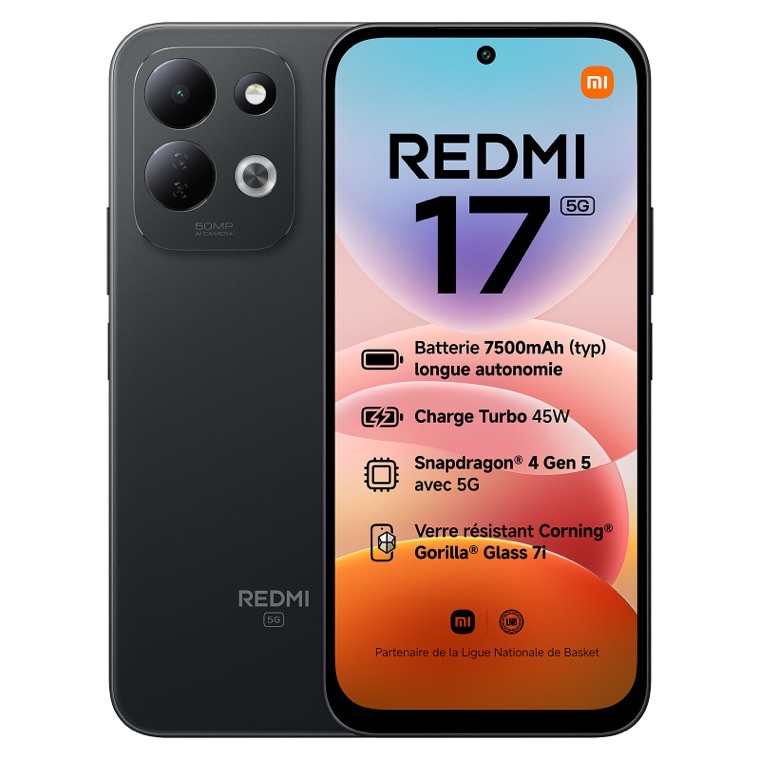 Xiaomi Redmi 17 5G noir, faces avant et arrière