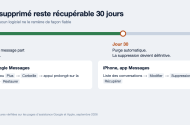 Chronologie montrant qu'un SMS supprimé reste 30 jours dans la corbeille avant effacement définitif, avec les chemins Android et iPhone